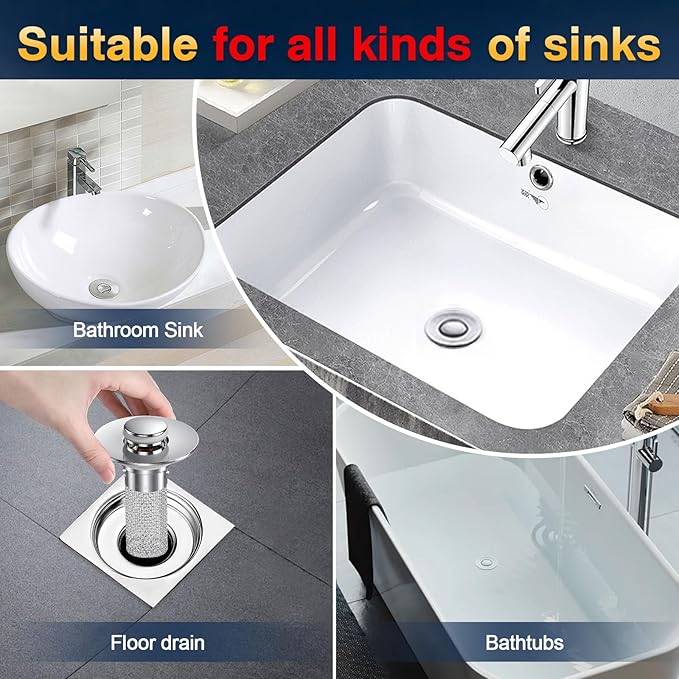 Bathroom Sink Drain Strainer, Pop Up Sink Drain Filter with Removable Stainless Steel Filter Basket Hair Catcher, Bathroom Sink Drain Stopper, for Us Bathroom Sink Stopper Replacement (4pcs)