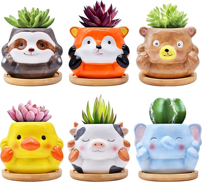 6 Pack Ceramic Succulent Pots with Drainage – Small Animal Planters with Bamboo Trays for Cactus & Indoor Plants, Mini Flower Pots for Desk, Home Decor, Office, Garden, Gift for Plant Lovers
