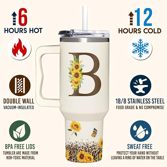 Personalized Birthday Gifts For Women - Sunflowers Monogrammed Cup For Boss Day, Christmas - Customized Gifts For Women, Mom, Wife, Coworkers, Boss Lady, Her - Custom Tumbler With Handle 40oz