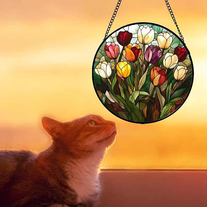 Stained Glass Window Hanging Colorful Tulip 7.8" - Flower Suncatcher Door Garden Sun Catcher Home Plant Decor Birthday Mother's Day for Mom Woman Friend Nana Colleague