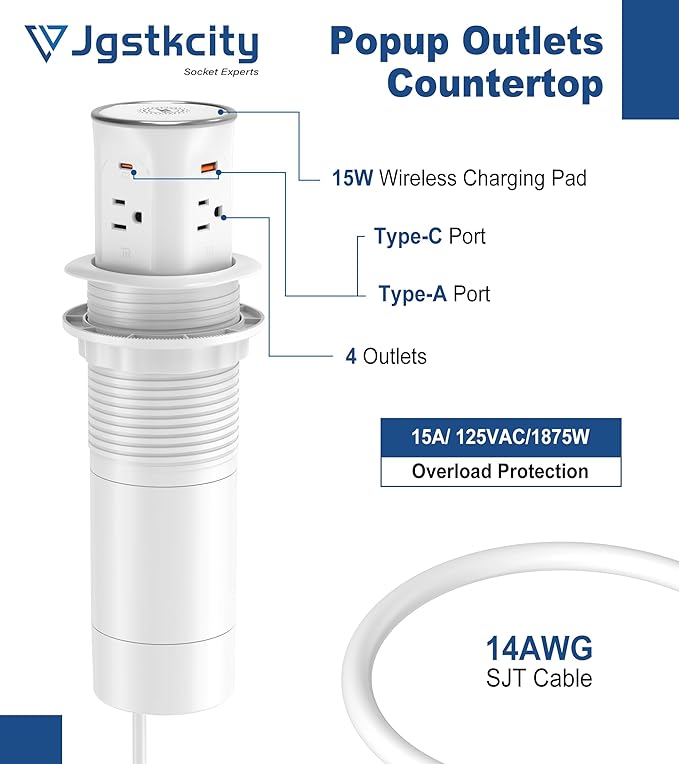 Jgstkcity Pop Up Countertop Outlet Recessed Power Strip with 15W Wireless Charger,45W USB C,3.15 inch Desk Hole,Ideal for Kitchen Island & Conference Table Receptacle (White, 6FT-45W USB Ports)