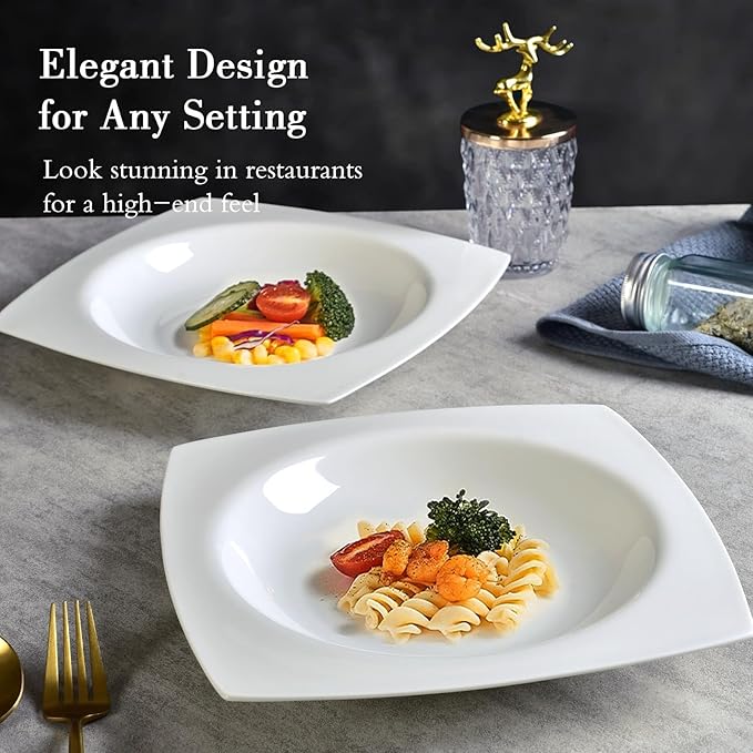 6-piece white bone china dinner plate set, 9.5 inches, square soup plate