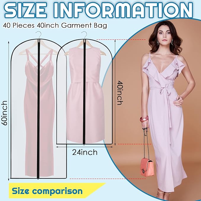 Amylove 40 Pack 60/40inch Garment Bags for Hanging Clothes with Zipper, Clear Garment Dress Covers PEVA Suit Protector for Closet Storage Travel Coat Gown Jacket Organizer(24 x 40 Inch)