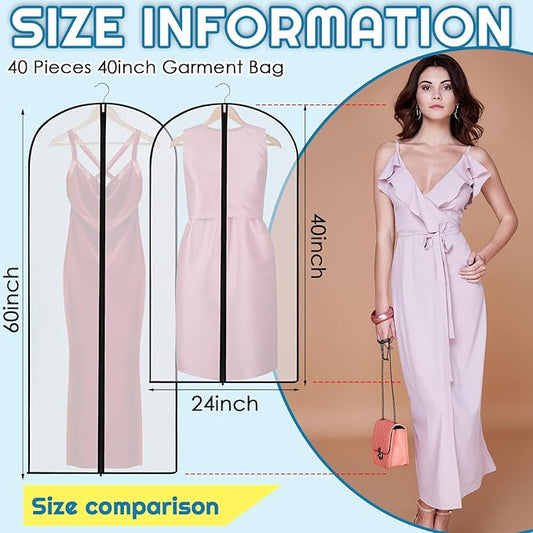 Amylove 40 Pack 60/40inch Garment Bags for Hanging Clothes with Zipper, Clear Garment Dress Covers PEVA Suit Protector for Closet Storage Travel Coat Gown Jacket Organizer(24 x 40 Inch)