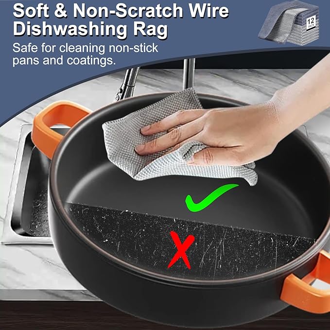 12PCS Wire Dishwashing Rag Non-Scratch: Multipurpose Wire Dishcloth for Wet and Dry - New Upgrade Double-Layer Dish Cloth Metal Cleaning Cloths with Microfiber for Kitchen, Sinks, Dishes, Stove Tops