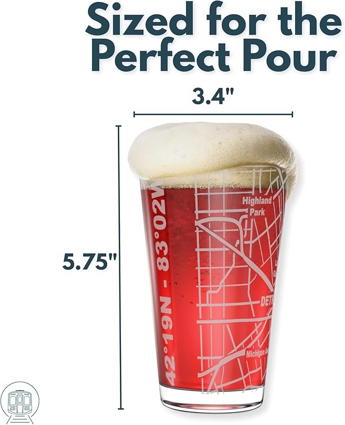 Greenline Goods – Detroit, MI Map Pint Beer Glasses (Set of 2), 16 oz – Etched Wrap Design