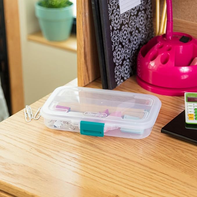 Sterilite Small Divided Pencil Box, Stackable Plastic Small Storage Container with Latching Lid, Organize Pens and Small Items, Clear Case, 12 Pack