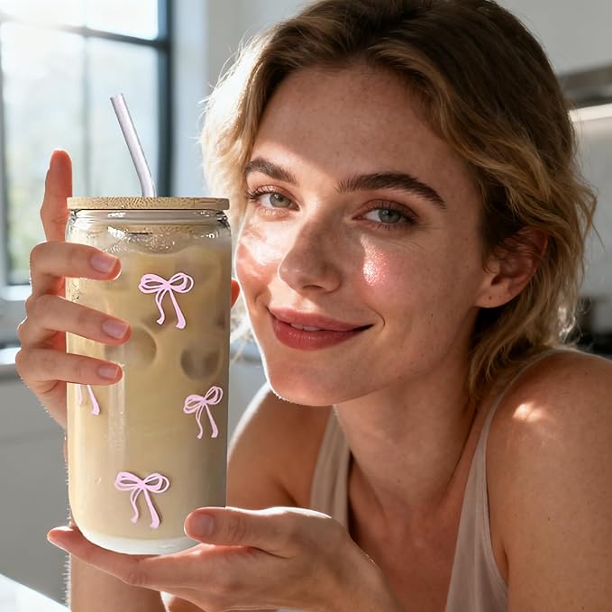Glass Tumbler with Straw and Lid - 500ml Bow Glassware, Aesthetic, Water Mug | Cute Drinking Cup for Iced Coffee, Tea Cocktails, Tumbler, Teen Girls, Home & Bar Use