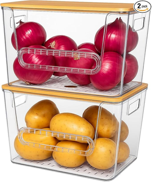 2 Set Pantry Organizers, Storage,Bamboo Lids with Removable Drain Trays, Stackable Clear Bins for Potato, Onion, Vegetables, Fruit, Trash Bag Dispenser, Under Sink Organizer for 4-13 Gal Bags