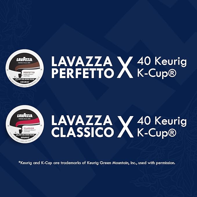Lavazza K-Cups Coffee Pods Variety Pack – 80 Count (40 Each) – Classico & Perfetto – Medium & Dark Roast, 100% Arabica – Single Serve Espresso Compatible with Keurig Brewers