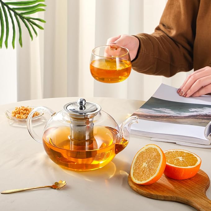 50OZ/1500ML Glass Teapot Set with 4 Teacups & Removable Stainless Steel Infuser, Stovetop & Microwave Safe Clear Tea Maker Water Kettle with 12OZ/360ML Tea Cups for Loose Leaf Blooming Tea