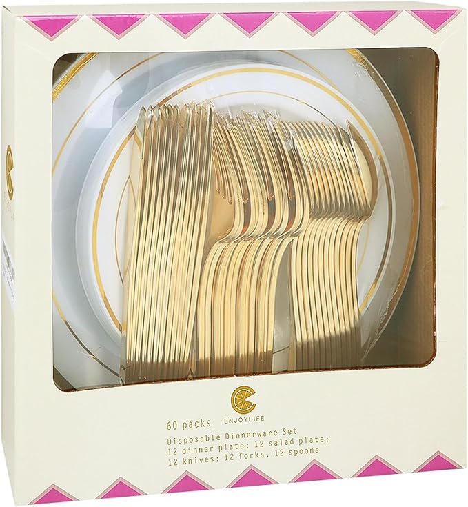 Supernal 60pcs Gold Plastic Dinnerware Set Includes Gold Plastic Plates and Disposable Silverware,Disposable Party Plates and Flatware Service for 12 Guests,Perfect for Birthday,Party,Wedding