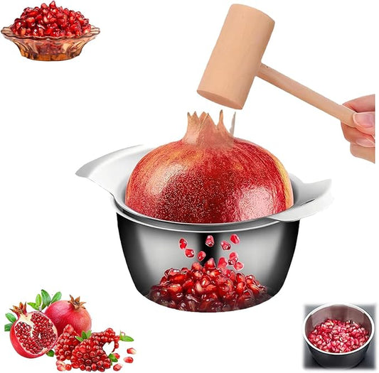 304 Stainless Steel Pomegranate Peeling Tool, Pomegranate Deseeder, Pomegranate Deseeder Tool, Includes Cutter, Bowl, And Wooden Hammer for Easy Deseeding, for Home Kitchen (1PC)