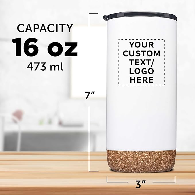 DISCOUNT PROMOS Custom Tumblers Cork Bottom 16 oz Set of 10/50/100 Personalized Bulk Pack Double Wall Insulated Matte Finish Iced Coffee Soda - White