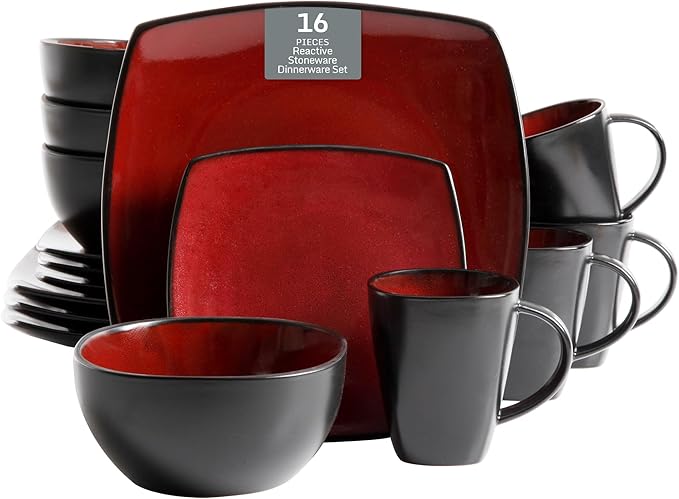Gibson Elite Soho Lounge Square 16-Piece Dinnerware Set, Service for 4, Reactive Glaze Stoneware Plates and Bowls, Modern Dishes, Microwave & Dishwasher Safe – Red and Black