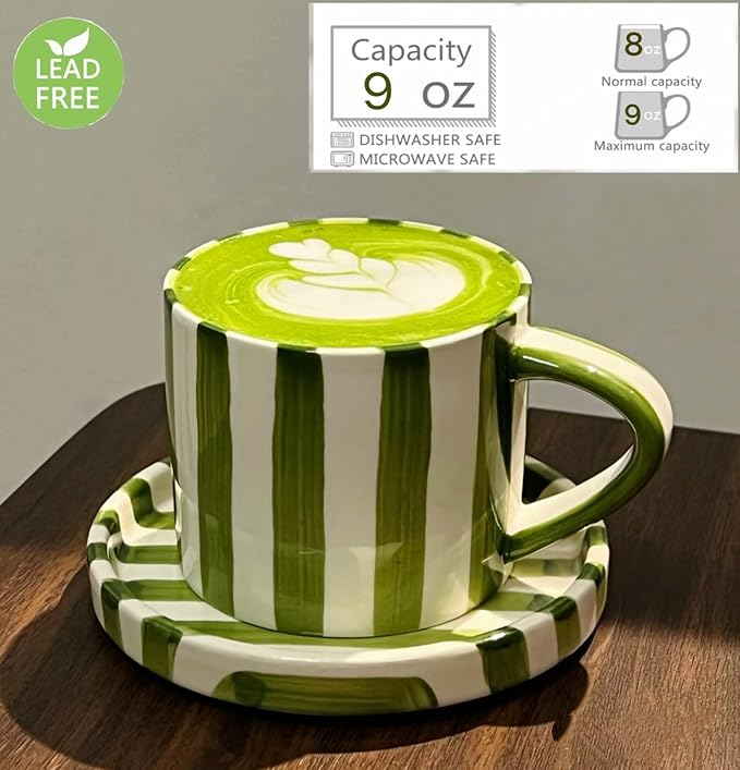8Oz Stylish Handmade Vertical Striped Coffee Mug Espresso Cups With Saucer, small Hand painted Ceramic Cappuccino Mugs, Glazed Tea Cup, Microwave safe Latte art mug, Spring mug (Green)