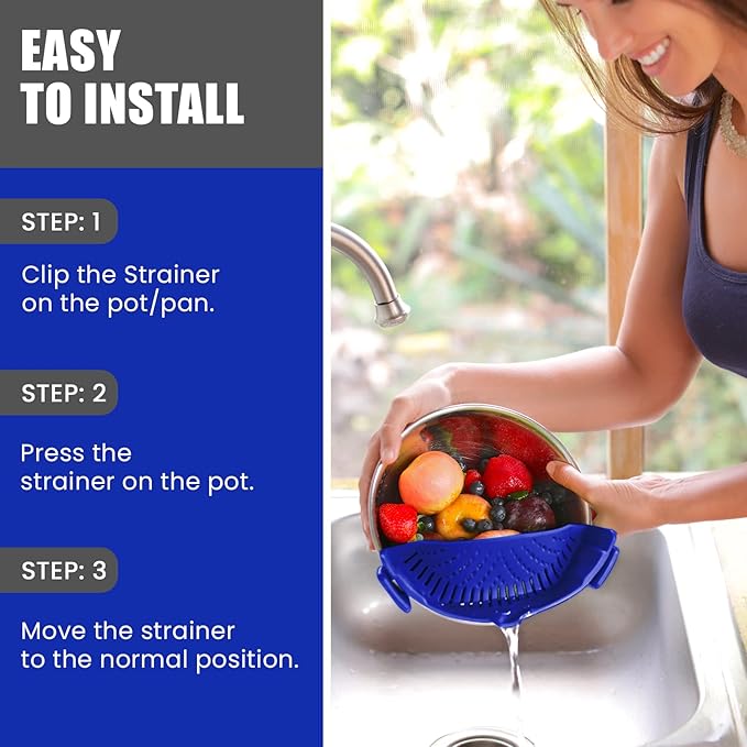 Clip-On Kitchen Food Strainer for Spaghetti, Pasta, Ground Beef Grease, Colander & Sieve Snaps on Bowls, Pots and Pans, Set includes Silicone Strainer, Brush & Garlic Peeler by Salbree (Dark Blue)