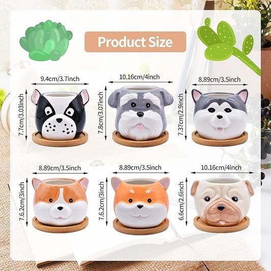 6 Pack Cute Dog Succulent Pots with Drainage – Ceramic Puppy Planters for Small Plants & Cactus, Animal Shaped Mini Flower Pots, Desk & Home Décor, Gift for Dog Lovers, Office, Balcony, Garden
