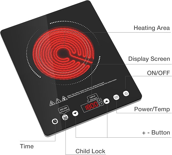 Portable Electric Cooktop, 1800W Single Burner Electric Stove with Touch Control, Child Safety Lock, Timer, 9 Power Level, Overheat Protection, Compact Induction Cooktop for Home Dorm Office