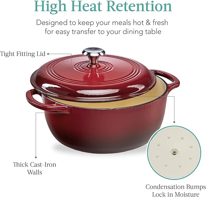 Best Choice Products 7.5 Quart Enamel Cast-Iron Round Dutch Oven, Family Style Heavy-Duty Pre-Seasoned Cookware for Home, Kitchen, Dining Room, Oven Safe w/Lid, Dual Handles - Red