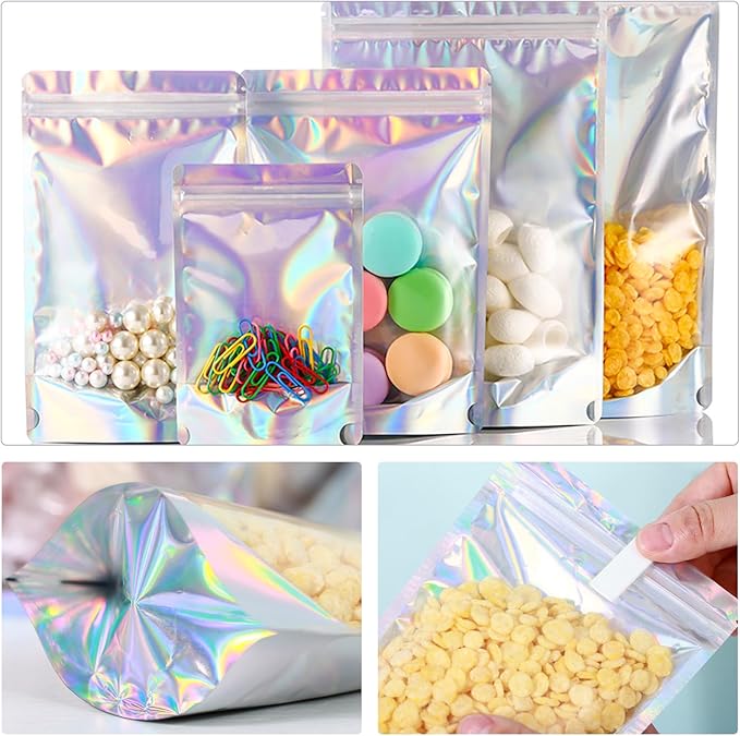 150-pack 5.9” x 8.7” Stand Up Mylar Bags with Clear Window Holographic Resealable Foil Pouches for Food Storage Smell Proof Edible Packaging Bag for Small Business, Small Holographic Bag Bulk