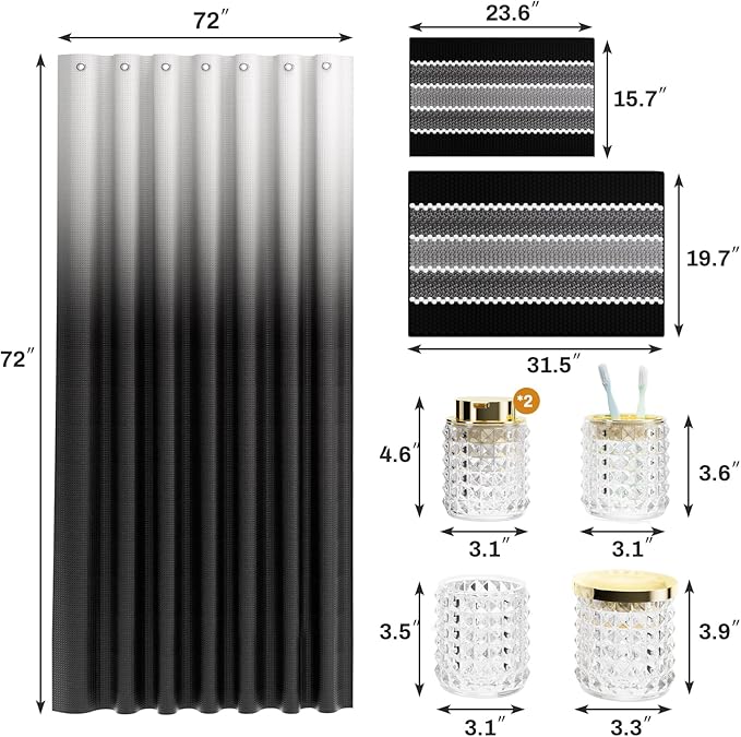 Bathroom Sets with Shower Curtain and Rugs and Accessories, Glass Bathroom Accessories Set Clear Bathroom Set Bathroom Sets, Black Bath Mat and Diamond Soap Dispenser for Bathroom Decor