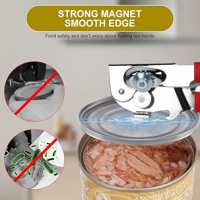 Commercial Can Opener, Stainless Steel Heavy Duty Manual Hand Crank Can Opener, with Comfortable Ergonomic Design Extra-long Handles, Large Handheld Smooth Can Open Easy for Big Cans, Red