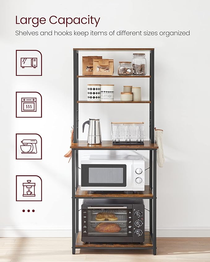 VASAGLE Coffee Bar, 23.6 Inches Baker's Rack for Kitchen with Storage, 6-Tier Kitchen Shelves with 6 Hooks, Microwave Stand, Industrial, Rustic Brown and Ink Black UKKS024B01