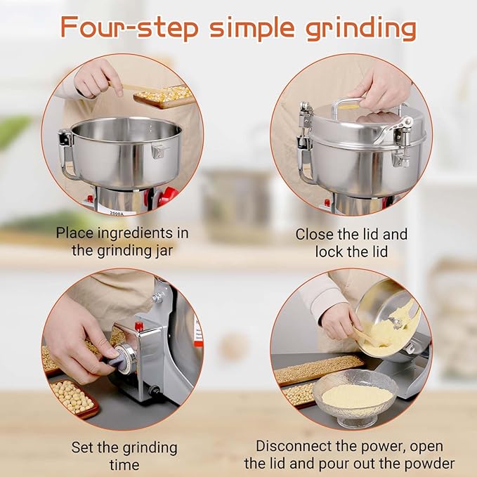 Electric Grain Mill Grinder 2000g Stainless Steel Pulverizer 36000r/min High-speed Grain Mill 3500W Dry Material Grinding Machine 270° swingable Superfine powder for Home and Commercial