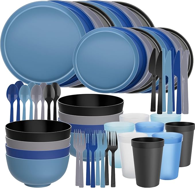 40 Piece RV & Camping Dinnerware Set, Elegant Ceramic-Look Large Bowls & Plates, Unbreakable & 100% Microwave Safe, Melamine Alternative Service for 8, Modern