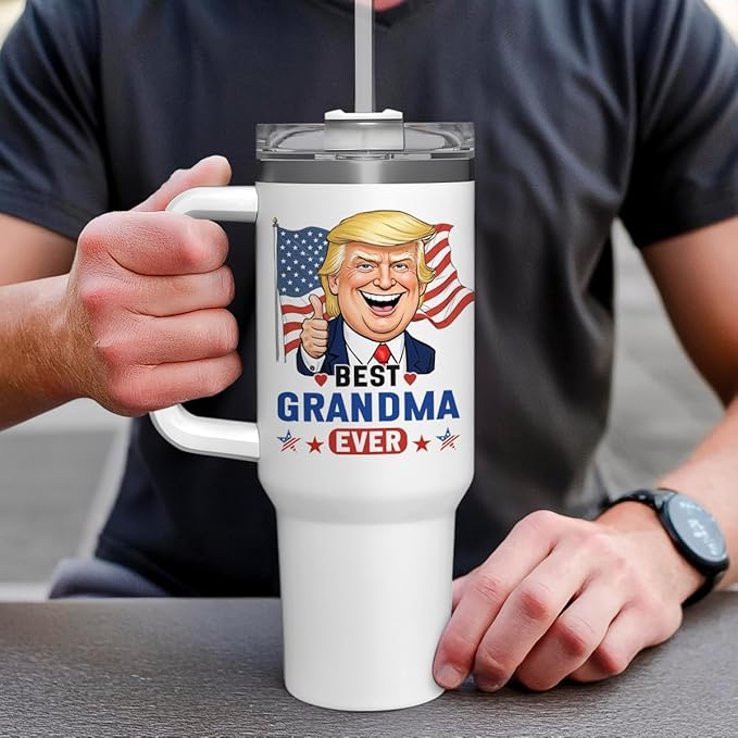 wowcugi Best Grandma Ever Tumbler with Handle 40oz, Trump Grandma Gifts for Birthday Christmas Mothers Day, Nana Gift for Grandmother Mimi Grandmom from Granddaughter Grandson
