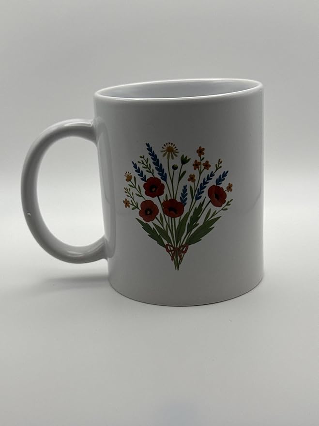 Decorative Ceramic Coffee Mug with Floral Design, White, Red Poppies Pattern