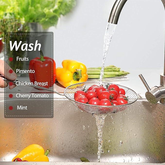Diameter 14 cm Stainless Steel Deep Fry Net Spoon Oil Strainer for Kitchen - Frying Spoon for Puri & Poori Strainer Kitchen Utensil for Frying, Cooking & Straining Tool Steel Handle