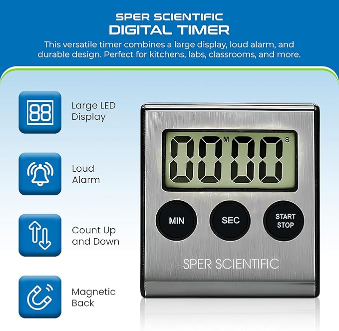 Sper Scientific Stainless Steel Digital Lab + Kitchen Timer 810028A – Compact Design Timer with Large Display & Loud Alarm - for Cooking, Baking, Labs, Workouts & More