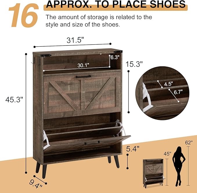 Shoe Storage Cabinet,Farmhouse Shoes Organizer with 2 Flip Drawers & Barn Door Design,Freestanding Hidden Slim Narrow Shoe Rack Cabinet with Open Shelves for Entryway,Hallway,Rustic Brown