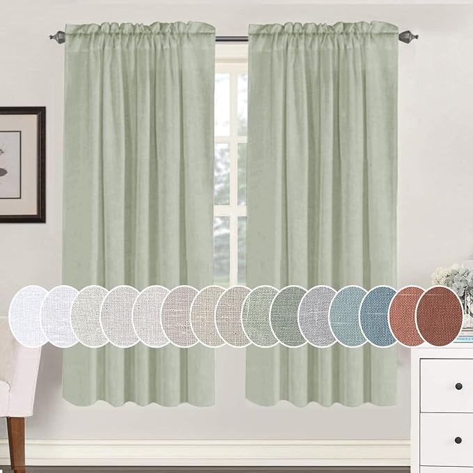 H.VERSAILTEX Linen Curtains Elegant Natural Linen Blended Curtains Energy Efficient Light Filtering/Rod Pocket Window Treatments Panels/Drapes for Living Room (Set of 2, Sage, 52 inch W X 72 inch L)