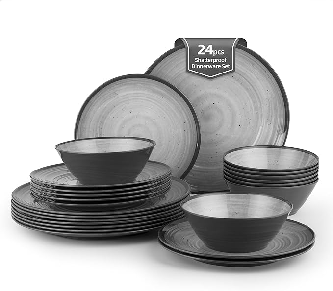 24-Piece Swirl Grey Melamine Plastic Dinnerware Sets for 8, Plates and Bowls Sets (Cool Grey)