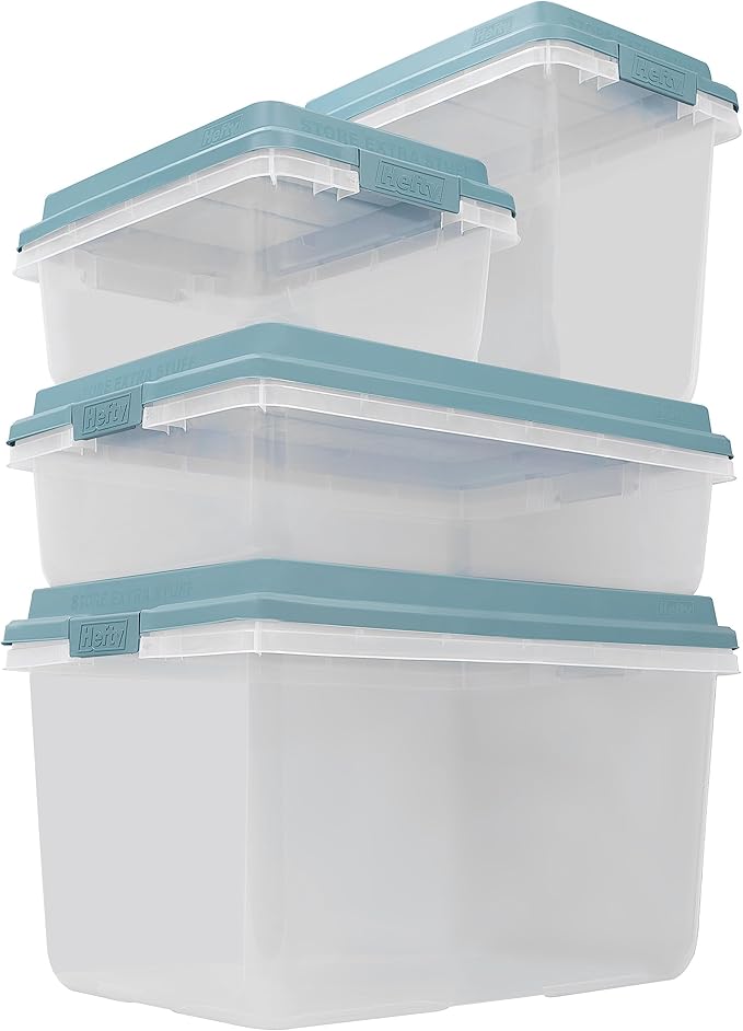 Hefty HI-RISE 32 Qt Stackable Storage Bins with Lids – 6 Pack Clear Plastic Under Bed Storage Containers, Shoe Organizer Boxes with XL Lid-Locking Latches, Comfort-Grip Handles, Durable Double Rim