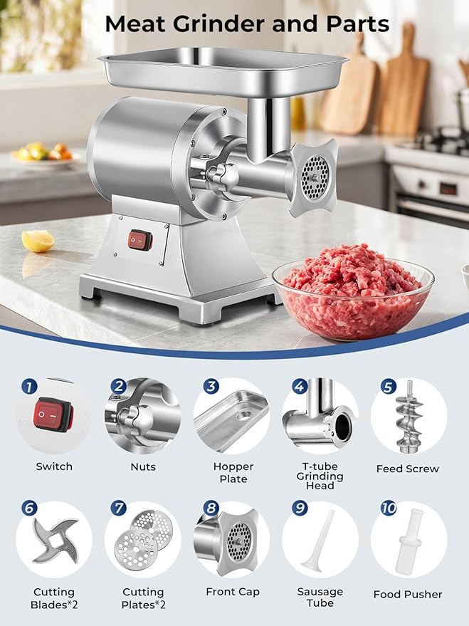 Commercial Meat Grinder, 1100W Electric Meat Grinder Heavy Duty, 330LBS/H Meat Mincer with 2 Blades, 2 Cutting Plates, Sausage Tube, Stainless Steel Hopper Plate for Kitchen Restaurant Butcher Store