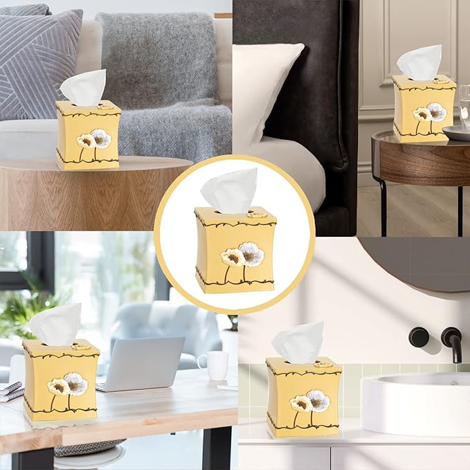 Zahari Home 2pc Poppy Fields Modern Bath Accessories Set Waste Basket & Tissue Box Modern Classic Contemporary Decorative Beautiful Designs Bathroom Decor Set for Home Luxury Yellow Bath Set