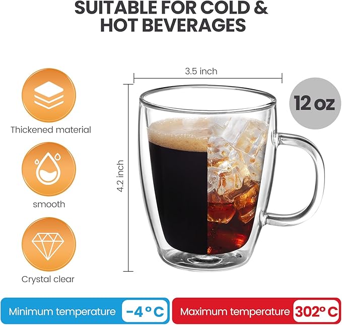 YUNCANG Double Wall Glass Coffee Mugs (4-Pack) - 12 Ounces Clear Glass Coffee Cups with Handle, Insulated, Heat Resistant