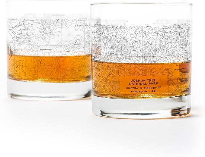 Black Lantern Whiskey Glasses - National Park Topographic Map Old Fashioned Glasses - 11oz. Rock Glass Set of 2 - Cocktail & Everyday Use Drinking Glasses - Dishwasher Safe (Joshua Tree)