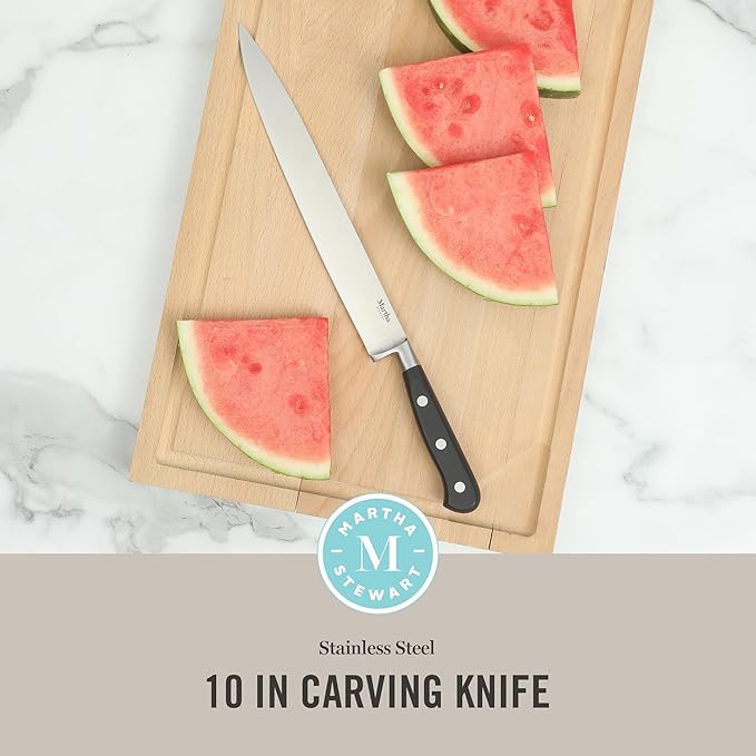 Martha Stewart Carverton 10" Slicer Knife, High Carbon Stainless Steel Kitchen Knives w/Black Triple Riveted Handle