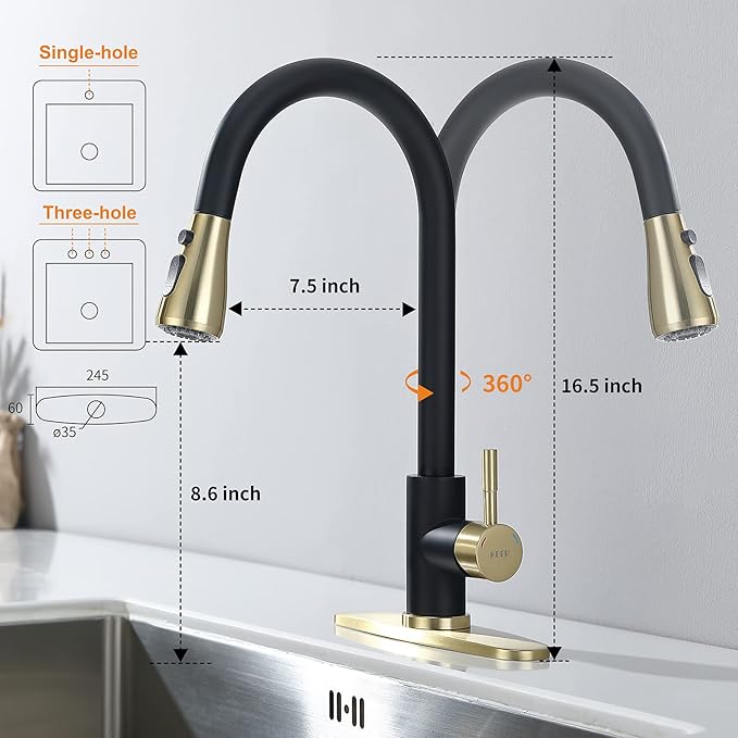 Keer Matte Black Single Handle Pull Down Kitchen Faucet with Soap Dispenser, 3 Modes Sprayer, Easy Assembly, Single Handle High Arc Stainless Steel Faucet