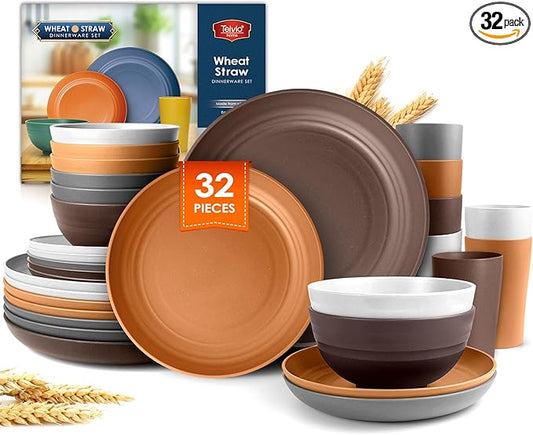 Teivio 32-Piece Kitchen Plastic Wheat Straw Dinnerware Set, Service for 8, Unbreakable Dinner Plate/Dessert Plate/Cereal Bowl/Cup,Outdoor Camping Dishes for Life/Vintage,Farmhouse,Rustic Multicolor