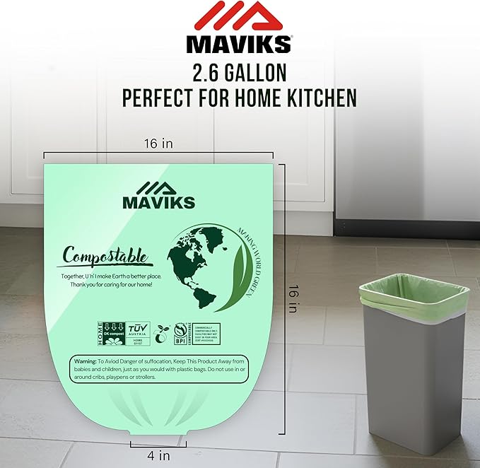 Super Durable Biodegradable Compostable Trash Bags 2.6 Gallons / 9.84 Liter, Green Biodegradable Trash Bags 100 Pcs, Small Kitchen Compost Bags for Countertop Bin, BPI & OK Compost Certified