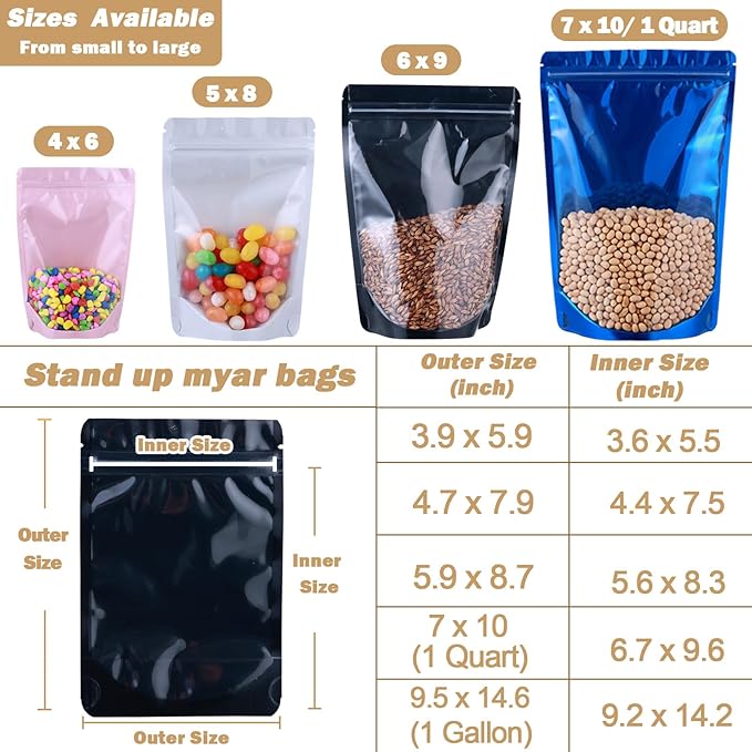 150-pack 7" x 10" Large Stand Up Mylar Bags with Clear Window 1 Quart Resealable Foil Pouches for Food Storage Smell Proof Edible Packaging Bag for Cookies and Small Business, Bulk