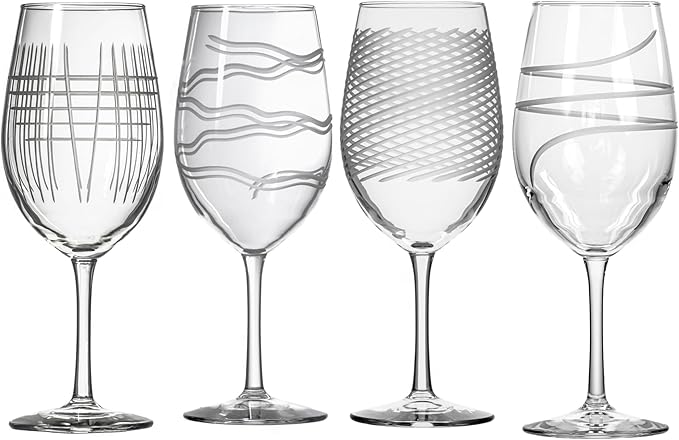 Rolf Glass Symmetry All Purpose Wine Glass | 18oz Large Wine Glasses | Made in the USA | Mixed Contemporary Designs - Twist, Cyclone, Matchstick, Good Vibrations | Set of 4