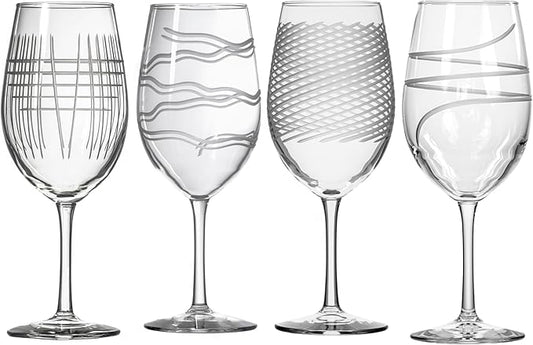 Rolf Glass Symmetry All Purpose Wine Glass | 18oz Large Wine Glasses | Made in the USA | Mixed Contemporary Designs - Twist, Cyclone, Matchstick, Good Vibrations | Set of 4