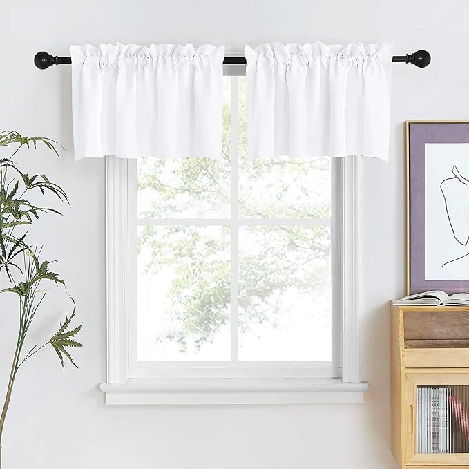 NICETOWN Pure White Bathroom Curtain Valances for Small Window, Rod Pocket Thermal Insulated Mini Sized Window Cover for Kitchen/Office/Thanksgiving, Set of 2, 42" Width x 18" Length